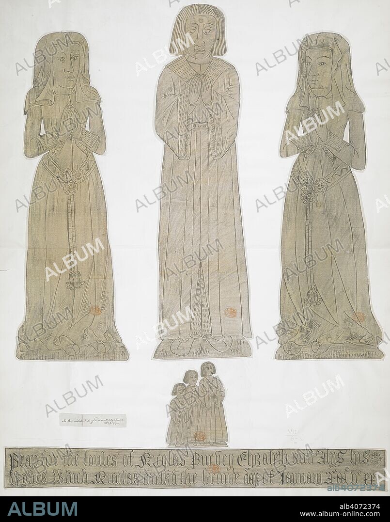 THOMAS BASKERFIELD. Five brass rubbings of a monumental brass depicting a man, two women, three children and an inscription plaque from The Priory Church of St Peter, Dunstable. In the middle aisle of Dunstable Church. 1790. Pen and black ink with black crayon. Source: Maps K.Top.7.6.a.3. Language: English.