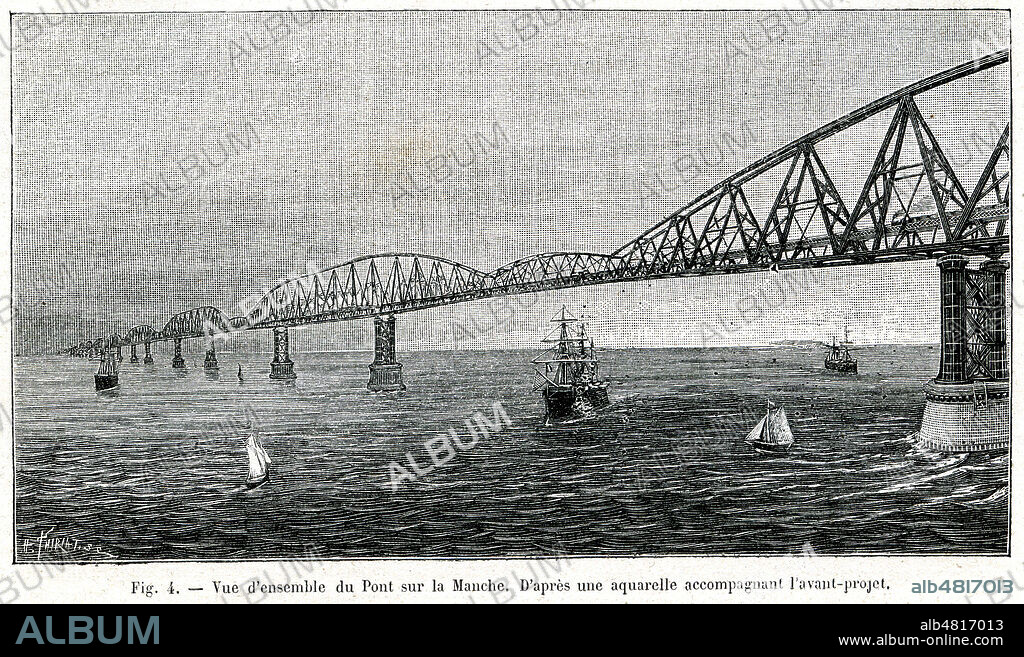 'Vue d'ensemble du Pont sur la Manche' - projet d'un pont reliant la France a l'Angleterre. Illustration tiree de la revue La Nature du 26 octobre 1889. Credit : Collection KHARBINE-TAPABOR.