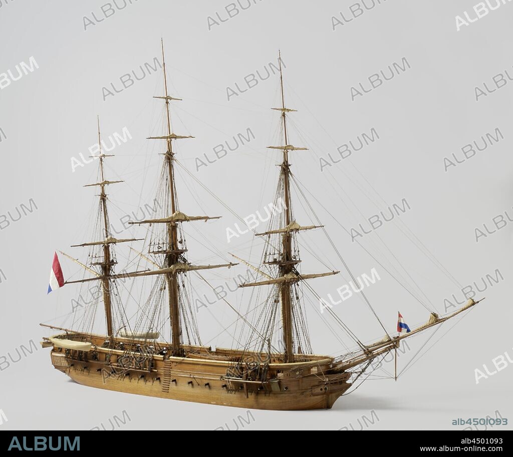 Model of a 44-Gun Frigate, Tested block and waterline model with salvaged sails, very detailed. It has twenty-eight cannons on the main deck and sixteen carronades on the upper deck, the upper deck is continuous with a pit deck. The galleon has four conveniences, the figurehead is missing. Elliptical fence and side galleries of one floor, straight rudder with square rudder and steering wheel on the upper deck in front of the bezaansmast. The sheer is flat, one mountain wood and one deer wood. The model is equipped with two anchors, two davits, a roef, seven pieces of wood, a large number of loose bullets, cage entrenchment, three covered sloops and an open barkas with protective sleigh, chicken leg and a oar, all the ironwork has been worked out in detail. The model has a very detailed three-mast rig with salvaged sails, all masts are fitted with a snail mast. 1:40 scale, ship model, IJssel (ship), Willem van Tongerloo (mentioned on object), Rijkswerf (Hellevoetsluis), 1836 - 1842, wood (plant material), brass (alloy), bronze (metal), rope, textile materials, leather, h 120 cm × l 200 cm × w 65.5 cm.