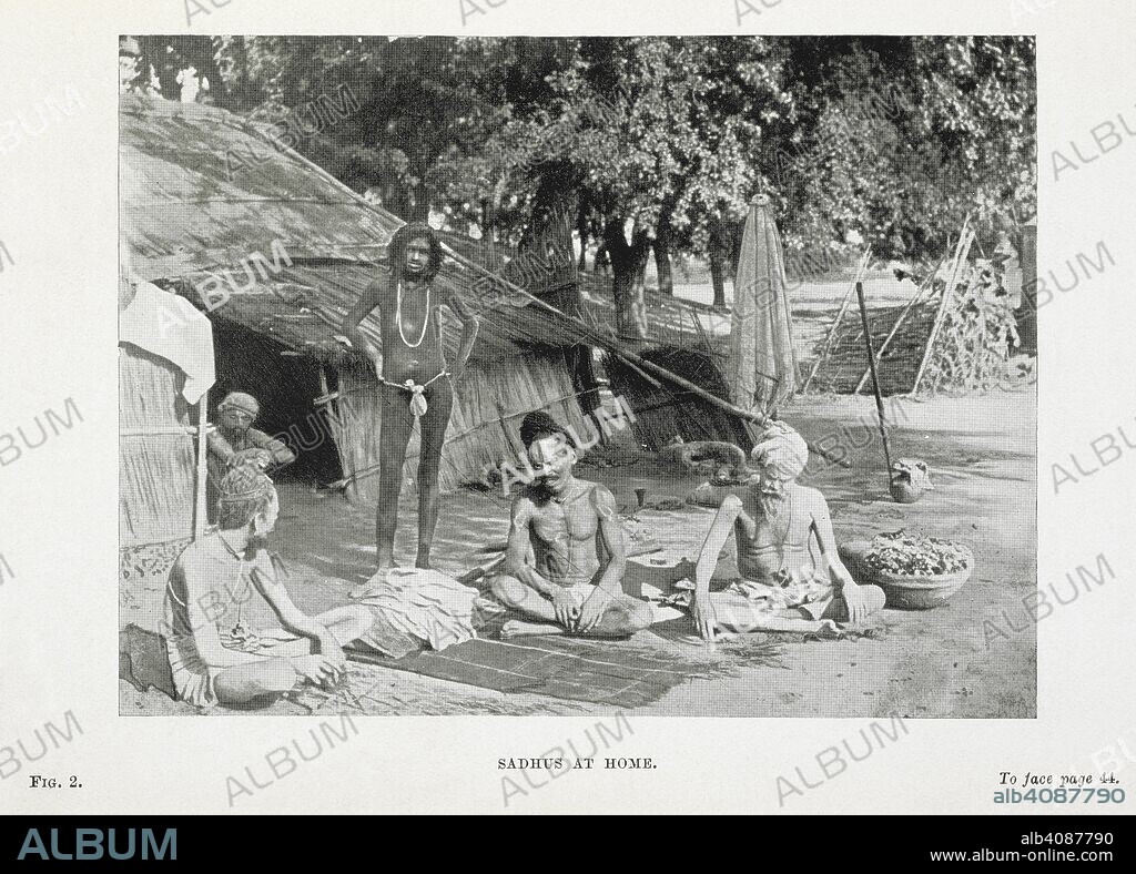 JOHN CAMPBELL OMAN y WILLIAM CAMPBELL OMAN. Sadhus at Home. The Mystics, Ascetics, and Saints of India. A study of Sadhuism, with an account of the Yogis, Sanyasis, Bairagis, and other strange Hindu Sectarians ... With illustrations, etc. London : T. Fisher Unwin, 1903. A group of sadhus - Hindu wandering monks - sitting outside a reed house in various states of undress. Source: 2217.cc.5. Fig. 2, opposite page 44.