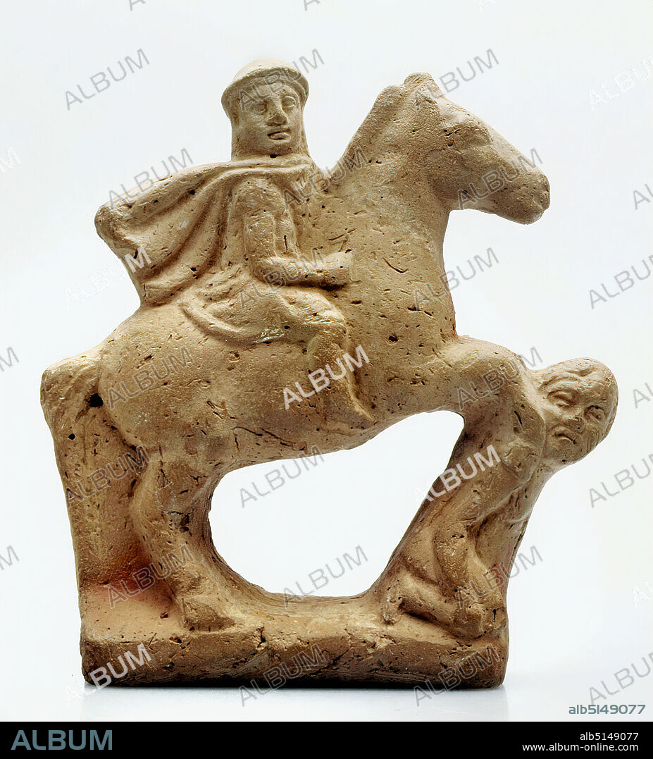 Macedonian Horseman over an enemy, Clay, pressed into the mold, hand modeled, fired (pottery), Clay, Total: Height: 11.8 cm, Pottery, War, Riding (cavalry), Cavalry, Rider troops, Victory (armed conflict), Republican period, Early Imperial period, Middle Imperial period, On a flat base a rider gallops to the right. His horse has its front legs torn high into the air. Beneath it a man crouched on his knees. In the next moment the hooves seem to drum down on his shoulders and trample him completely to the ground. While the rider is dressed with a chiton, boots, a flat, beret-like headgear, the Macedonian causia, and a coat blowing backwards, which has been the Macedonian costume since Alexander the Great, his opponent is naked. His face shows asymmetrical features. The terracotta is probably based on a large-sculptural victory monument for Ptolemy I. Soter. The figure belongs to the group of the so-called Fayum terracottas. Alexandria, the international, Greek-influenced center of Egypt, is home to a multicultural society of Egyptians, Orientals, Greeks, Romans, Jews, and others, whose different religious ideas are gradually merging. Insights into this world of faith are provided by the so-called Fayum terracottas. They are part of the religious household, children's toys, knick-knacks, but also cult symbols, grave goods, pilgrimage images, votive offerings and magical objects for banishing evil forces. They can be found in houses, graves and sanctuaries.