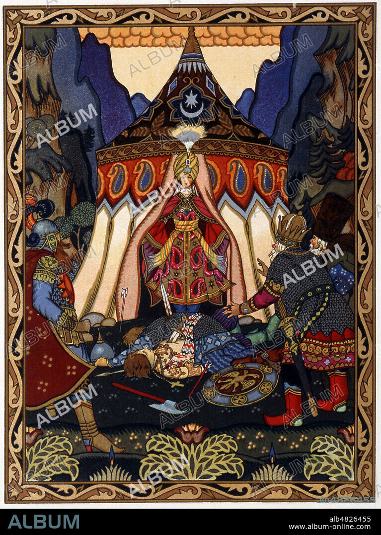 'Soudain une jeune filla apparait' Le COQ d'OR conte populaire russe, par Alexandre POUCHKINE, illustrations par Boris ZWORYKINE, ou ZVORYKINE (ne en 1872, mort en 1942 ou 45) , in le COq d'Or et autres contes, Ed d'art Piazza, 1925. Credit Collection privee KHARBINE TAPABOR.