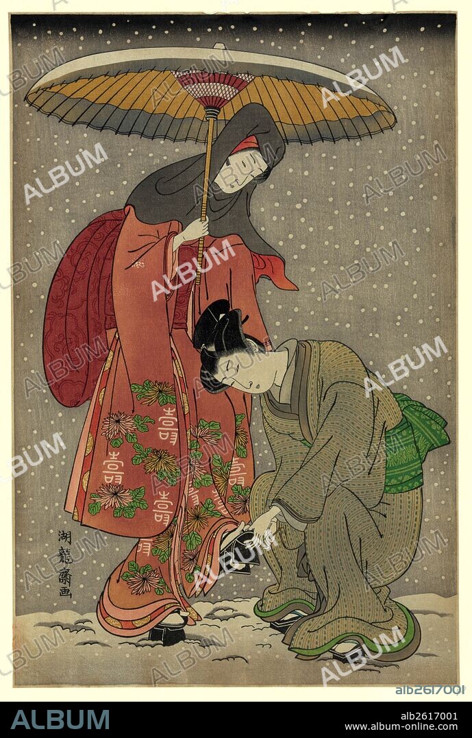 Geta no yukitori, Removing snow from one's clogs., Isoda, Koryusai, active 1764-1788, artist, [1776, printed later], 1 print : woodcut, color., Print shows a woman holding an umbrella while a female servant removes snow from her geta.
