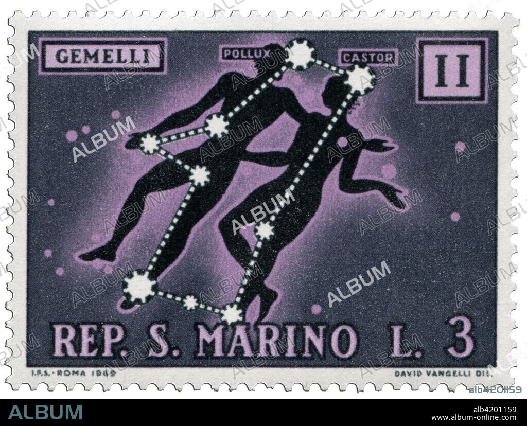 Constellation of Gemini, representation with the astrological symbol and the main stars Pollux and Castor. Postage stamp of a series issued by the San Marino Post Office representing the signs of the Zodiac. Drawing by David Vangelli (7 May 1959), type of printing: photoengraving, nominal value L. 3. Republic of San Marino, issue 18 February 1970.