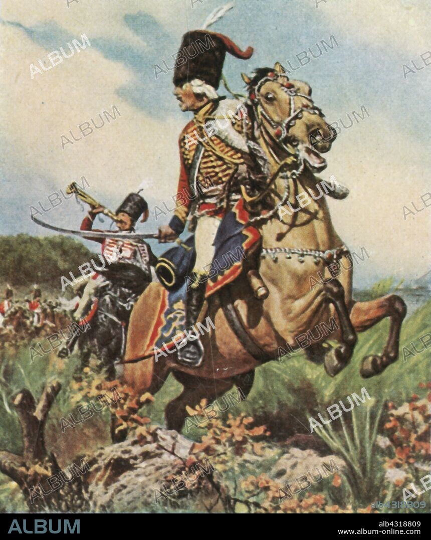 Hans Joachim von Ziethen, (1936). Hans Joachim von Zieten (1699-1786) also known as Zieten aus dem Busch, was a cavalry general in the Prussian Army. He served in four wars and was instrumental in several victories during the reign of Frederick the Great, most particularly at Hohenfriedberg and Torgau. From "Bilder Deutscher Geschichte", (Pictures of German History), No.12, cigarette card album. [Cigaretten-Bilderdienst, Altona-Bahrenfeld, Hamburg, Germany, 1936].