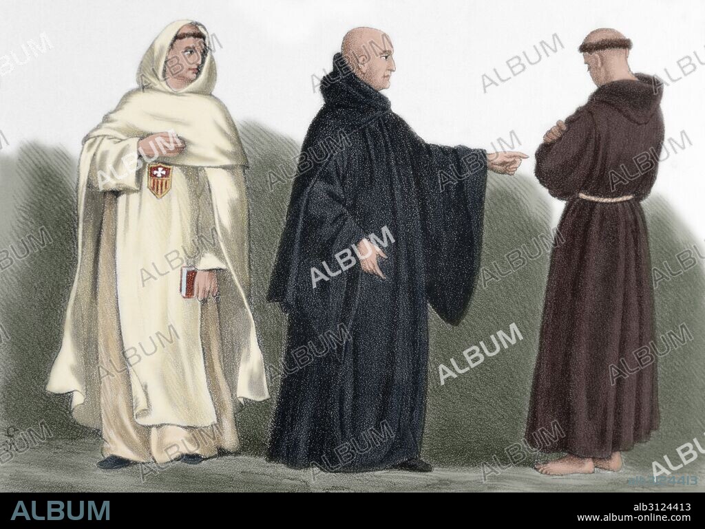 ORDENES RELIGIOSAS EN LA EDAD MEDIA. De izquierda a derecha, religiosos de la Orden de los MERCEDARIOS, BENEDICTINOS Y FRANCISCANOS. Grabado de "Historia de España", del siglo XIX. Coloreado.
