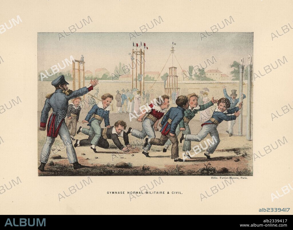 Boys running and climbing over an obstacle course at a sports event, 19th century. Handcoloured heliotype lithograph by Fortier-Marotte from Henry Rene Allemagne's Sports and Games of Skill (Sports et Jeux d'Adresse), Librairie Hachette, Paris, 1903.