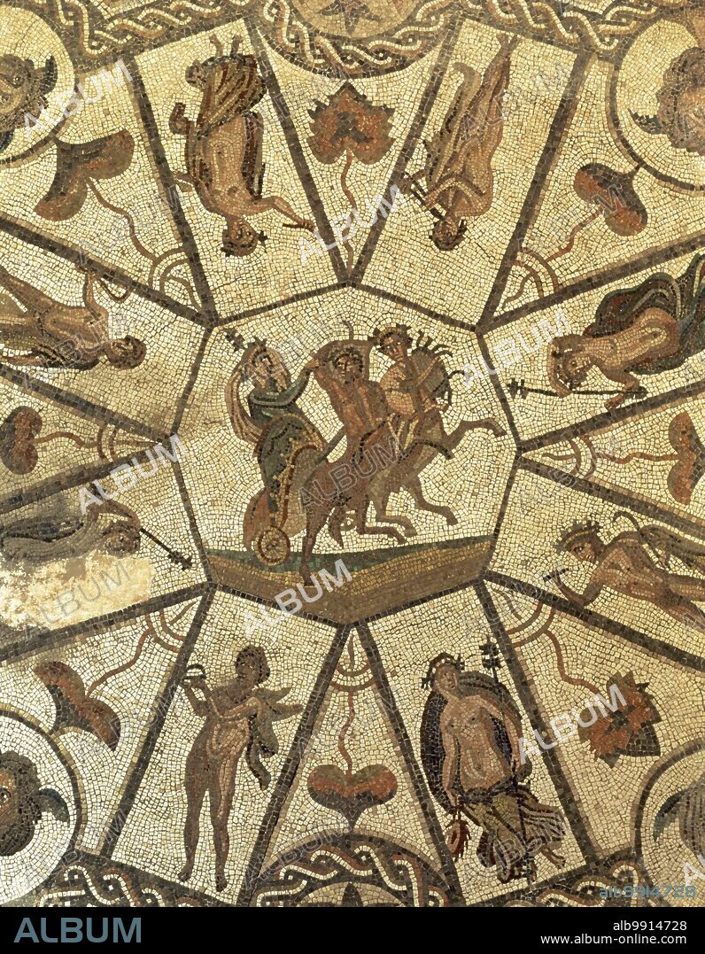 Roman mosaic called Mosaic of the Cortejo Baquico. Bacchic scene. 2nd-3rd centuries. Marble tiles and glass paste. From Cortijo de la Valenzoleja (Alcolea, province of Cordova, Andalusia, Spain). a luxury roman mansion. Archaelogical Museum, Cordova, Andalusia, Spain).