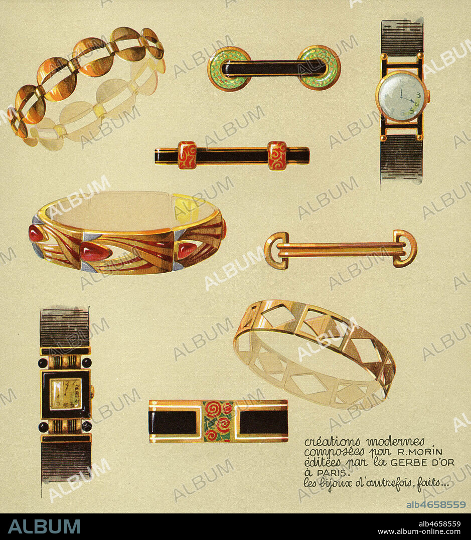 Bracelets. Brochure publicitaire vers 1925 presentant les bijoux de la 'Gerbe d'Or'. Illustration anonyme. Credit : Collection IM/KHARBINE-TAPABOR.