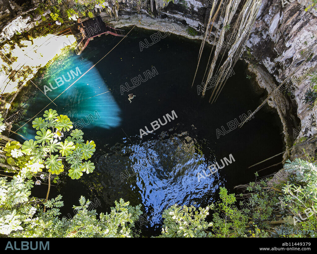 Aerial of Cenote Oxmal, Valladolid, Yucatan, Mexico, North America.