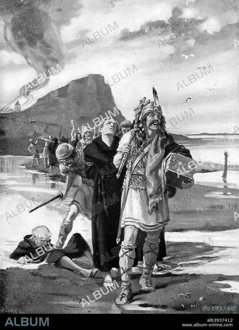 The plunder of Lindisfarne, Northumberland, 793 AD, (c1920). A Viking raid on the monastery. Illustration from Story of the British Nation, Volume I, by Walter Hutchinson, (London, c1920s).