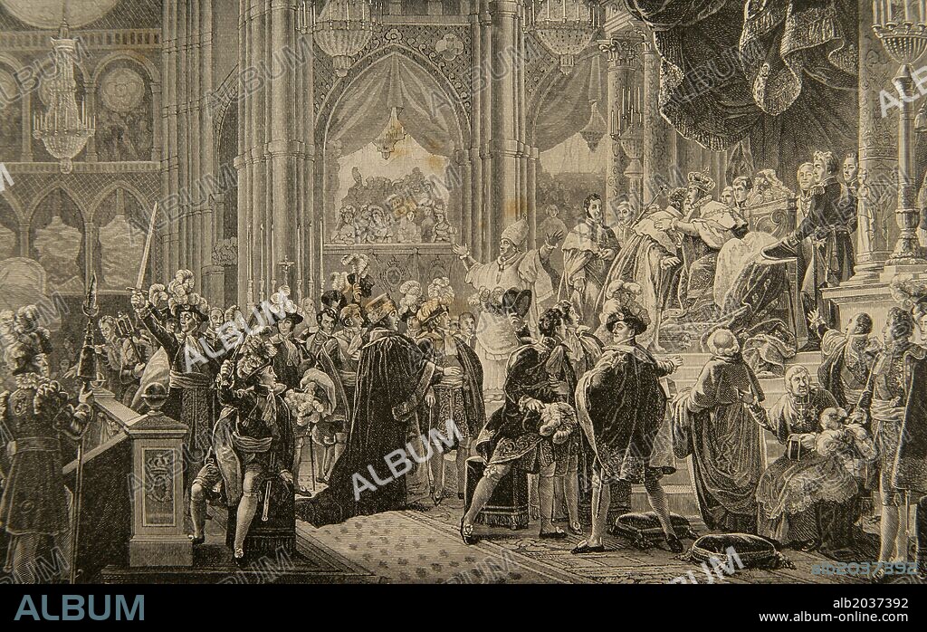 HUGO KAESEBERG. Charles X (1757-1836). King of France and Navarre. Consecration of Charles X of France in the Cathedral of Reims, on May 29, 1825. Engraving by Kaeseberg. History of France, 1881.