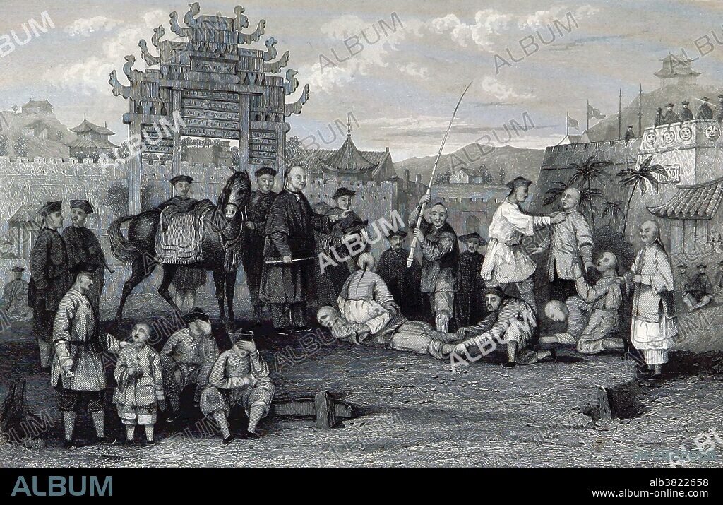 The first documentation of bastinado in China dates back to the year 960. Bastinado or foot whipping are the most common terms for beating the soles of a person's feet as a form of corporal punishment. The beating is typically inflicted with an object in the type of a cane or a crop and repeated over a varying number of times. Entitled: "Die bastonade." Image taken from page 433 of China, historisch romantisch, malerisch (historically romantic, picturesque). A translation by Thomas Allom with historical and descriptive notes by the Rev. G. N. Wright, published 1843.