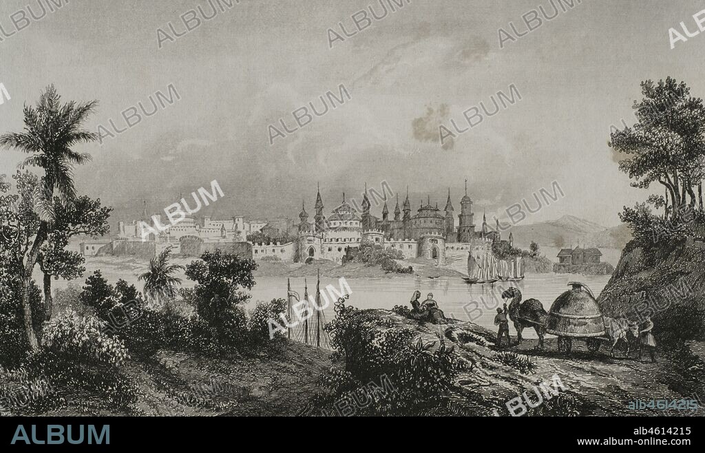 Rusia. Astracán. Ciudad a orillas del río Volga, en la desembocadura al Mar Caspio. Vista de la ciudadela (kremlin). Grabado por Lemaitre, Danvin y Lasaisse. Historia de Rusia por Chopin. Panorama Universal, edición española de 1839.