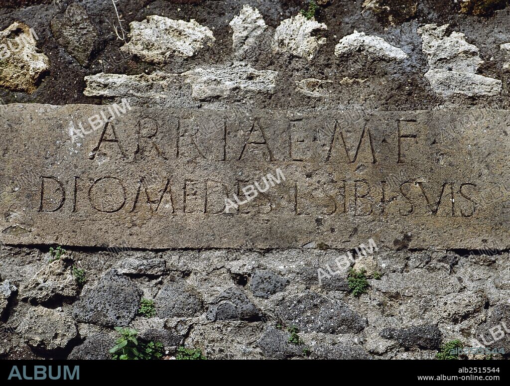 Latin inscription on a tomb in Roman capital letters, with the name of Arrio Diodemes, owner of the Roman Villa of Diomedes. (Street of the Tombs). Pompeii. La Campania. Italy.