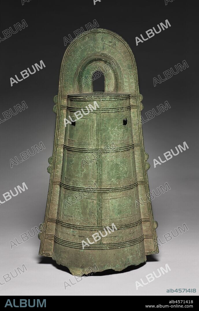Dotaku, AD 100-200. The flow of new peoples from Korea to Japan during the Yayoi period brought new technologies of bronze and iron casting. Similarly, the form of the  dotaku , or bronze bell, is thought to have originated in Korea. The original Korean prototypes?stout, thickly cast bells?were transformed in Japan into sculptural forms with sophisticated surface decoration. These dotaku are often uncovered near burial sites paired with a metal spear or sword nearby, suggesting ceremonial importance.