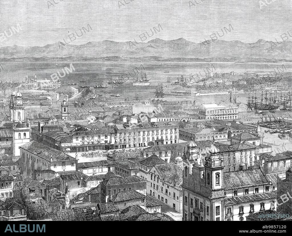 The Arsenal and part of the city of Rio de Janeiro, Brazil, 1860. 'The first building on right is the Church of St. José...next to it...is the House of the National Deputies...The Royal Palace skirts the beach...The harbour can scarcely be excelled for capaciousness and security...Within the Palace Square [Largo de Paso] is a cab-stand, and on the other side are hotels and the houses of money-changers...The shipping on the right are the merchantmen discharging cargo...the land on the right is an island (The Island of Cobras)...on the city side of which are to be seen wharves and warehouses of the Custom House...The Naval Arsenal is seen immediately under the Convent of San Bento...on the left...the ships seen in the centre...are Government hulks and vessels of war...The distant mountains on the celebrated Organ Range tower 7000 feet; the practicable passes (serras) averaging 3000 to 3600 feet above the sea. The low lands seen at their foot is the island called "Ilha Governador"...The picture contains only one street (the Rua Direita) and the shore, there being in the old town eleven or twelve others parallel to it...The population of Rio and suburbs is estimated at 300,000 to 350,000 inhabitants, including slaves'. From "Illustrated London News", 1860.