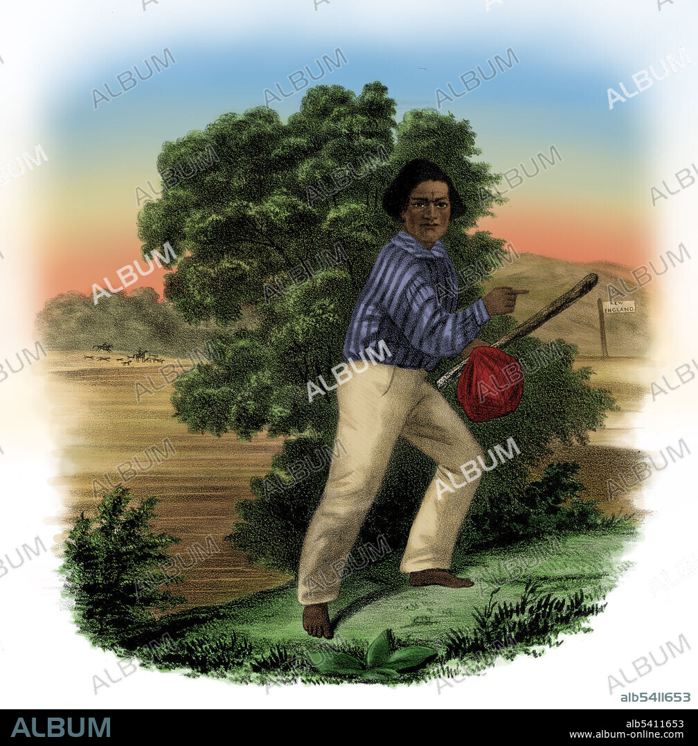 "The Fugitive's Sing" sheet music cover with a portrait of Frederick Douglass as a runaway slave. Douglass flees barefoot from two mounted pursuers who appear across the river behind him with their pack of dogs. Ahead, to the right, a signpost points toward New England. No artist credited, 1845.