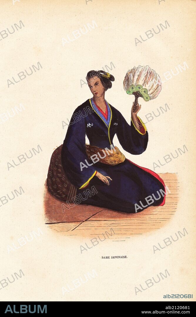 Japanese woman in kimono and obi, holding a feather fan. Handcoloured woodcut after an illustration by H. Hendrickx from Auguste Wahlen's "Moeurs, Usages et Costumes de tous les Peuples du Monde," Librairie Historique-Artistique, Brussels, 1845. Wahlen was the pseudonym of Jean-Francois-Nicolas Loumyer (1801-1875), a writer and archivist with the Heraldic Department of Belgium.