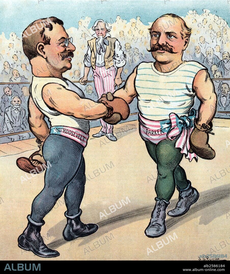 Time!' President Theodore Roosevelt and Alton B. Parker as boxers in a boxing ring, shaking hands before the start of the match; Uncle Sam, as the referee, stands in the background.