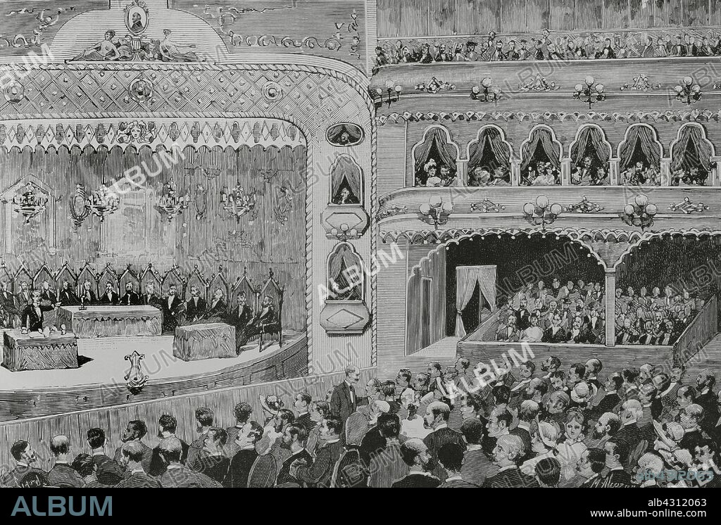 España. Galicia. Provincia de Pontevedra. Vigo. "Juegos Florales". Celebrados en el teatro, bajo la presidencia de Emilio Castelar. Dibujo de M. Alcázar. Grabado por Capuz. La Ilustración Española y Americana, 22 de agosto de 1883.