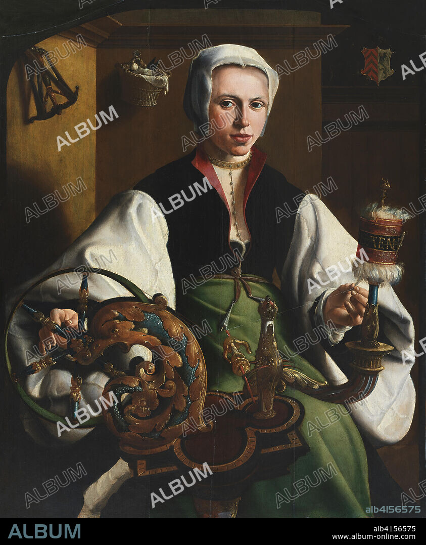 MAARTEN VAN HEEMSKERCK. Maerten van Heemskerck (Heemskerck, 1498 - Haarlem, 1574). Retrato de una dama hilando (hacia 1531). Óleo sobre tabla. 105 x 86 cm.