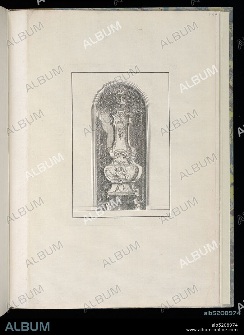 Design for Ceramic Stove, Livre de Portion de Plafonds et d'un Poëlle (Book of Portions of Ceilings and of a Stove), François de Cuvilliés the Elder, Belgian, active Germany, 1695 - 1768, François de Cuvilliés the younger, German, 1731 - 1777, Nicolas Jean-Baptiste de Poilly, French, 1712after 1758, François de Cuvilliés the Elder, Belgian, active Germany, 1695 - 1768, Engraving on paper, Design for an interior wall with a curved niche containing a ceramic stove. The central panel of the stove's decoration contains a scene of three winged putti amongst clouds, two of which hold flaming torches., Munich, Germany, Paris, France, 173168, albums (bound) & books, Bound print, Bound print.