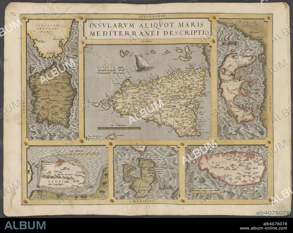 Mediterranean islands. The Mercator atlas of Europe. 1570-1572. Maps of Corsica, Sardinia, Sicily, Corfu, Elba and Malta.  Image taken from The Mercator atlas of Europe.  Originally published/produced in 1570-1572. . Source: Maps.C.29.c.13, 21.