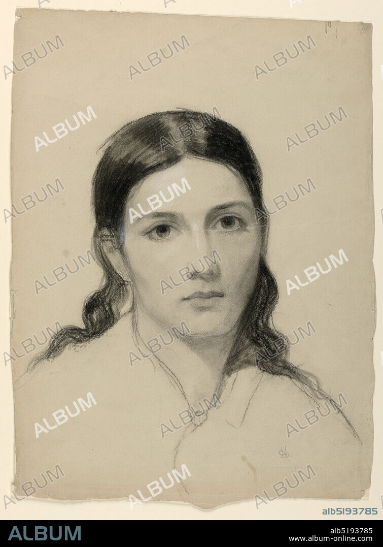The Artist's Wife Sophie, Daniel Huntington, American, 18161906, Black crayon, black chalk, white chalk on off-white wove paper, Frontal bust portrait of a young woman, probably the artist's wife, Sophie Huntington., USA, ca. 1853, portraits, Drawing, Drawing.