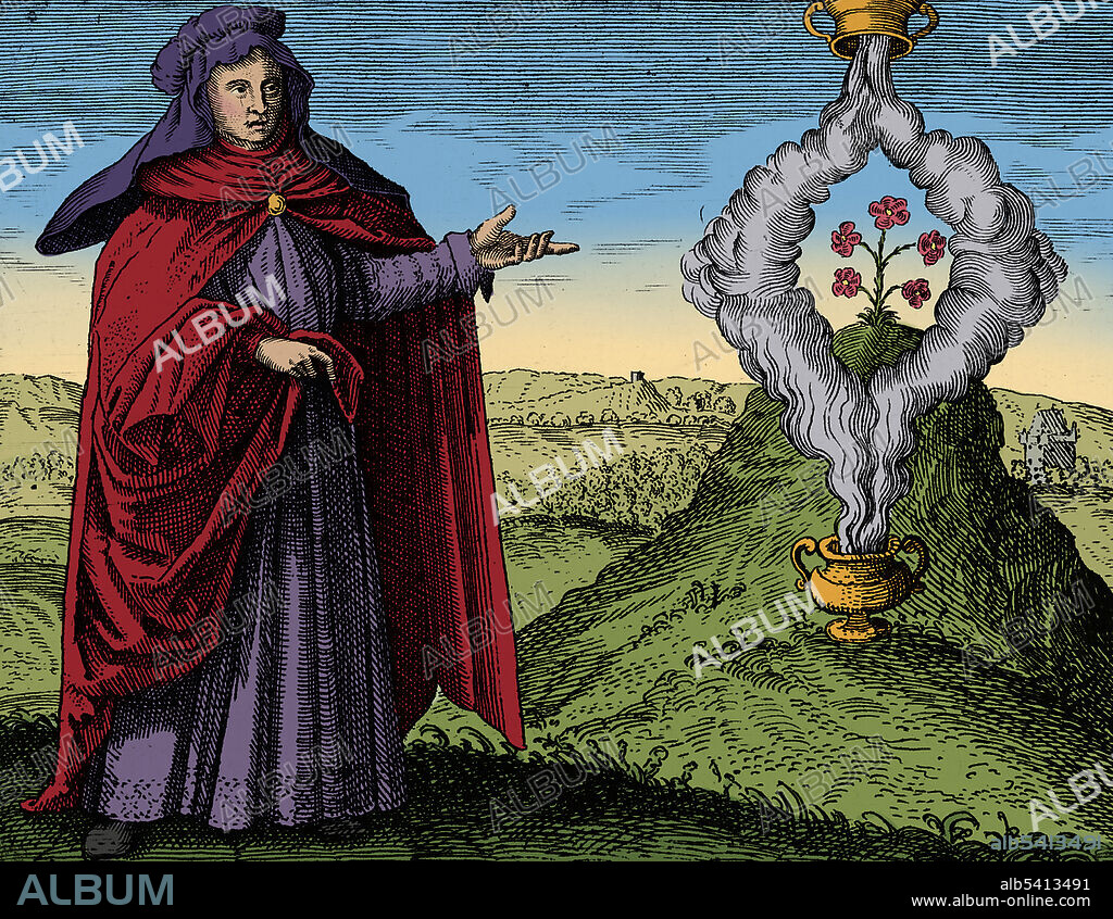 Engraving showing Maria (or Mary) the Jewess (also known as Maria Prophetessa), considered the first non-fictional alchemist on record. She is credited with the invention of several kinds of chemical apparatus. She lived at some time during the first to third centuries, but no reliable sources have more detail. She is referred to by almost all the early alchemists in terms of respect and reverence. This engraving comes from "Symbola aureae" by Michael Maier, published at Frankfurt in 1617.