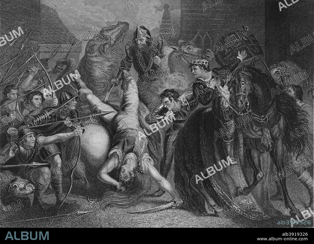 'The Death of Wat Tyler', 1859.  Walter Wat Tyler (died 15 June 1381). Leader of the 1381 Peasants' Revolt in England, marched with a group of rebels from Canterbury to London to oppose the institution of a poll tax and demand economic and social reforms. He was killed by officers loyal to King Richard II during negotiations at Smithfield, London. After  James Northcote ( 1746-1831). From The History of England by David Hume & Tobias Smollett. [Virtue & Co., London, 1859].