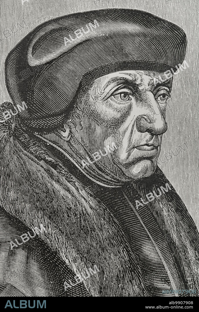 Erasmo de Rotterdam (h. 1466-1536). Teólogo, filósofo y humanista holandés. Retrato. Detalle. Grabado. Sciences & Lettres au Moyen Age et à l'époque de la Renaissance. París, 1877.