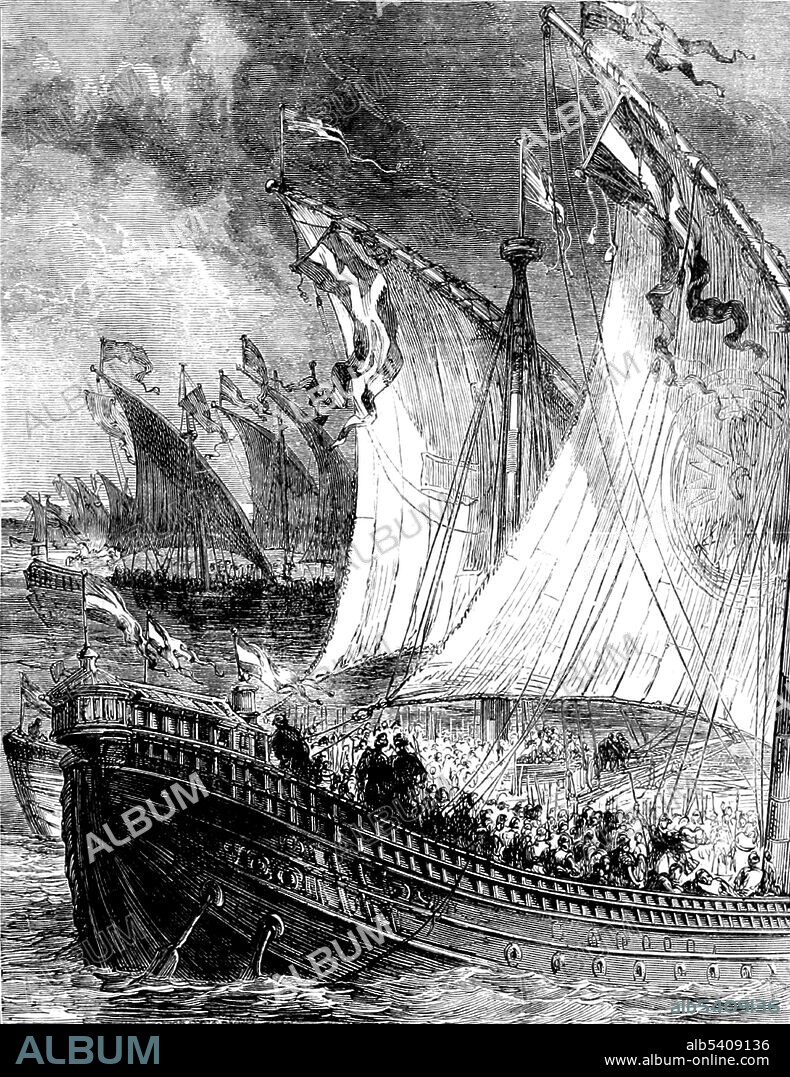 Sweyn sailing up the Thames. Sweyn Forkbeard (960 - February 3, 1014) was a king of Denmark (986-1014). Sweyn revolted against his father, Harald Bluetooth, and seized the throne. In 1000, with the allegiance of Trondejarl, Eric of Lade, Sweyn ruled most of Norway. Sweyn was involved in raids against England during 1002-05, 1006-07, and 1009-12. Some historians believe his invasion were motivated by the massacre of Danes in England ordered by Aethelred the Unready in 1002, in which his sister and brother-in-law were killed, but others argue that the main motivation for the raids was more likely the prospect of revenue. In 1013, he became the first Danish king of England. Cassell's Illustrated History of England, 1865 (cropped and cleaned).