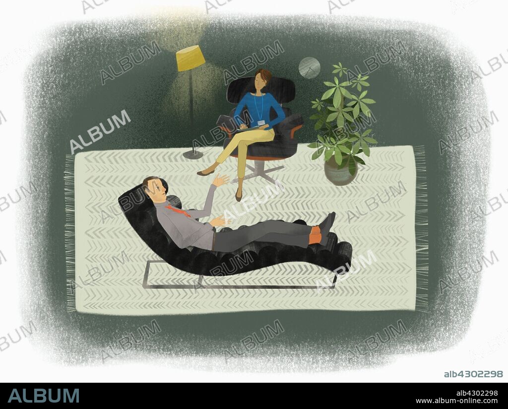 Depressed man lying on couch talking to therapist.