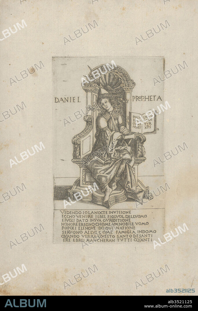 The Prophet Daniel, from Prophets and Sibyls, 1480–90, Engraving, Sheet: 11 1/2 × 7 7/8 in. (29.2 × 20 cm), Prints, Francesco Rosselli (Florence 1448–1508/27 Venice (?)), After Baccio Baldini (Italian, Florence 1436?–?1487), This print is part of a series comprised of twenty-four Prophets and twelve Sibyls, modeled after the series of the same subject by Baccio Baldini (TIB -). Rosselli's engravings are executed in the Broad Manner and Italianate in style, whereas Baldini's are in the Fine Manner and mostly Germanic in style.