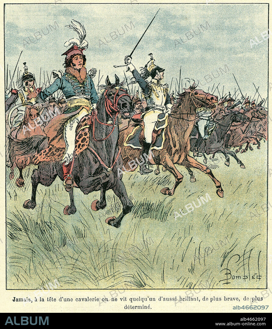 MURAT a la tete de la cavalerie. Le Memorial de Sainte Helene par Le Comte de Las Cases dessins de L. Bombled, Garnier Freres Libraires, annees 10-20. Credit Collection LOU/Kharbine Tapabor.