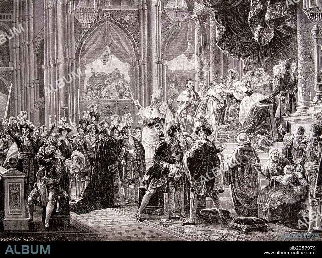 CARLOS X. REY DE FRANCIA 1757-1836. CONSAGRACION DE CARLOS X EN LA CATEDRAL DE REIMS EN 1825. GRABADO ILUSTRACION ESPAÑOLA Y AMERICANA.