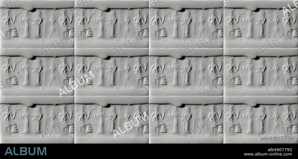 Cylinder seal, Akkadian or Neo-Sumerian, late AkkadianUr III, Date ca. 22502000 B.C., Mesopotamia, Akkadian or Neo-Sumerian, Chlorite, 0.81 in. (2.06 cm), Stone-Cylinder Seals.