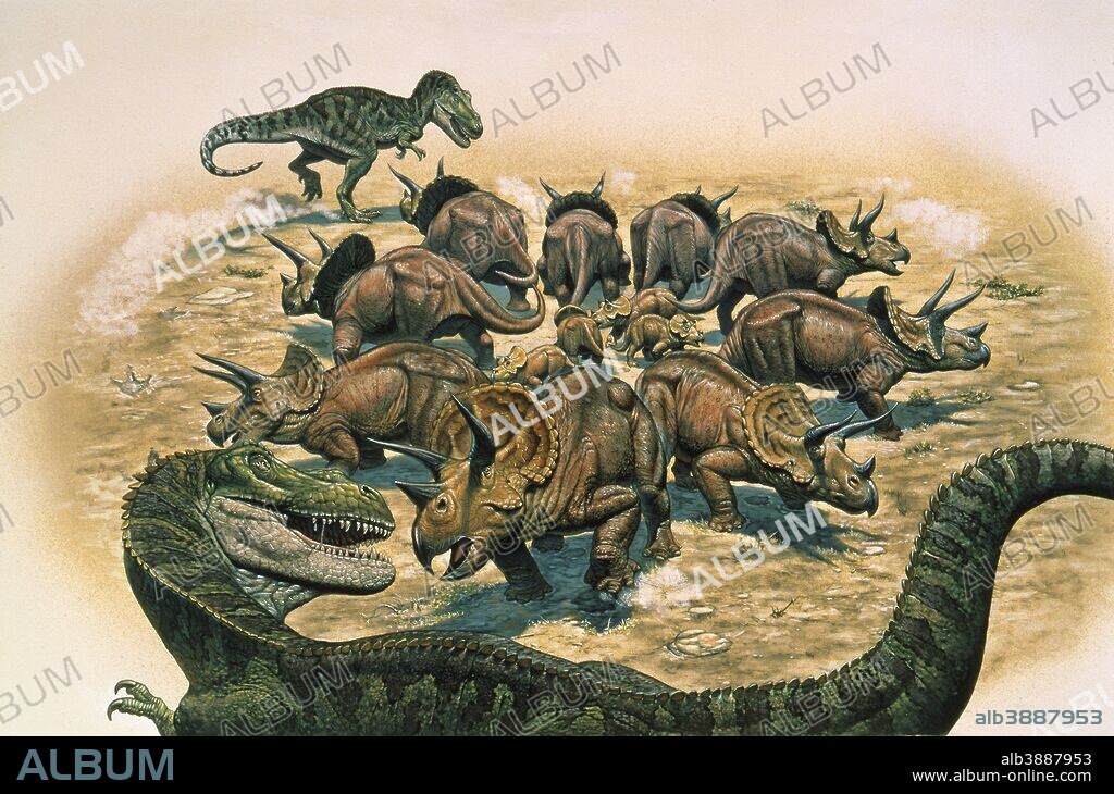 A herd of Triceratops defend their territory against a pair of Tyrannosaurus Rex during the Cretaceous Period of North America.