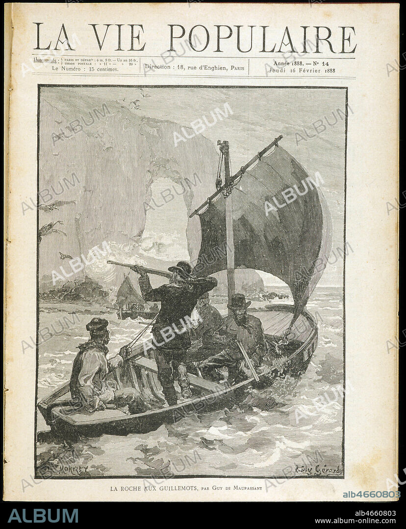 La roche au guillemots par Guy de MAUPASSANT (1850-1893). Chasseurs passant en barque devant les falaises d'Etretat. Illustration de Gerard LEVY pour La Vie populaire de 1888. Credit : Coll. Jonas/KHARBINE-TAPABOR.