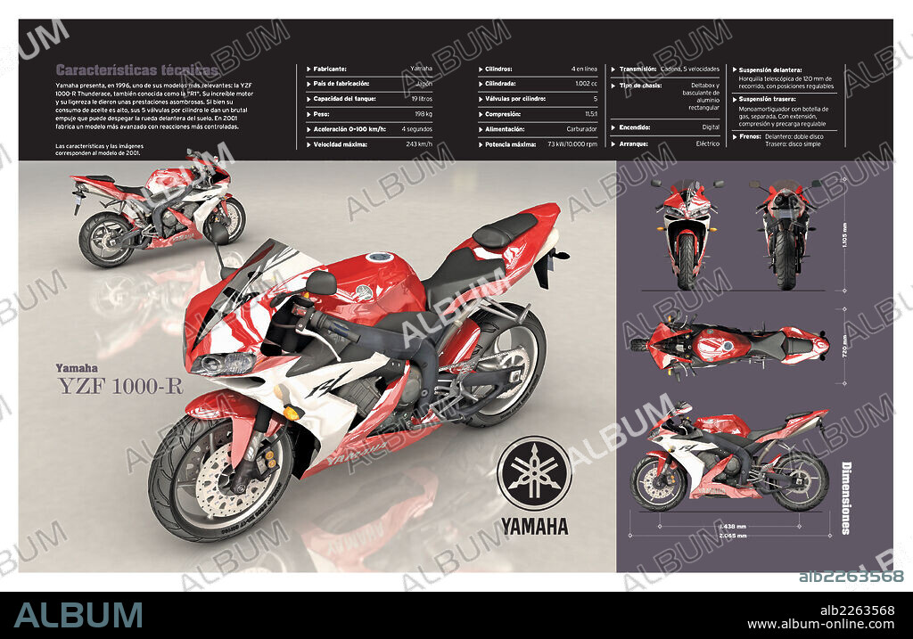 Yamaha YZF 1000-R Thunderace. Infografía de las características técnicas de la motocicleta Yamaha YZF 1000-R Thunderace (modelo del año 2001).