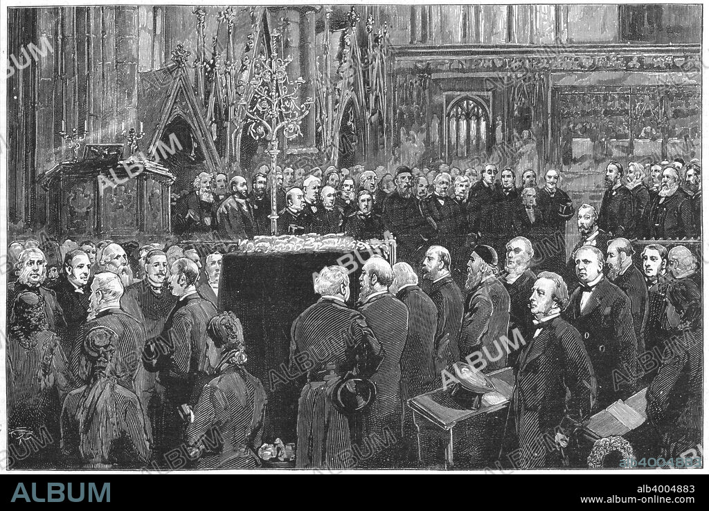 Funeral of Charles Darwin, English naturalist, 1882. After his death at Down House, his home for forty years, the body of Charles Darwin (1809-1882) was brought to Westminster Abbey, London, where, on 26 April 1882, he was buried with great ceremony in the north-east corner of the nave near the monument to Isaac Newton. From The Graphic. (London , 6 May 1882).