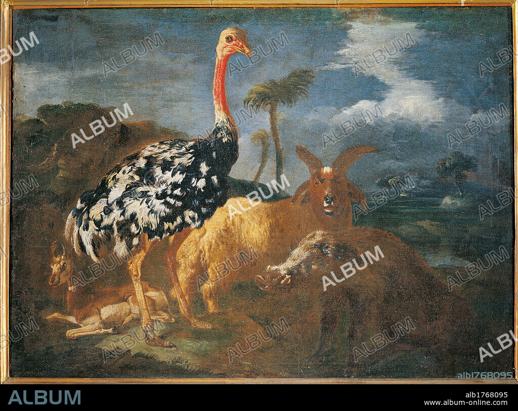 Gazelle, Lady, Ostrich, Ram and Wild Boar, by attributed to Master of Palazzo Lonati Verri, 1650-1700 about, 17th Century, oil on canvas, cm 74 x 98. Italy, Lombardy, Milan, Archbishopric. All. Gazelle noblewoman ostrich ram wild boar yellow brown red.