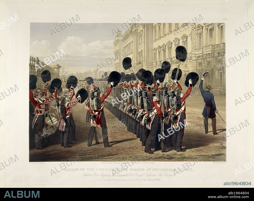 WILLIAM SIMPSON et WALKER E. Parade of the Scots Fusileer Guards At Buckingham Palace ... on the morning of their departure for the seat of war, March 2nd 1854. Soldiers in formation wearing rucksacks and waving their bearskin hats toward the Queen and Prince who are seen standing on a balcony at Buckingham Palace on the right.  . A Series of 23 coloured lithographic views, representing the principal events during the Russian War, by W Simpson and others, from sketches by E T Dolby and other artists. London, 1854, 55. Crimean war. Source: 1899.b.3 plate 22.