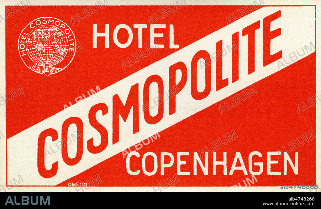 Hotel Cosmopolite de Copenhague (Danemark). Illustration anonyme pour une etiquette d'hotel. Credit : Collection IM/KHARBINE-TAPABOR.