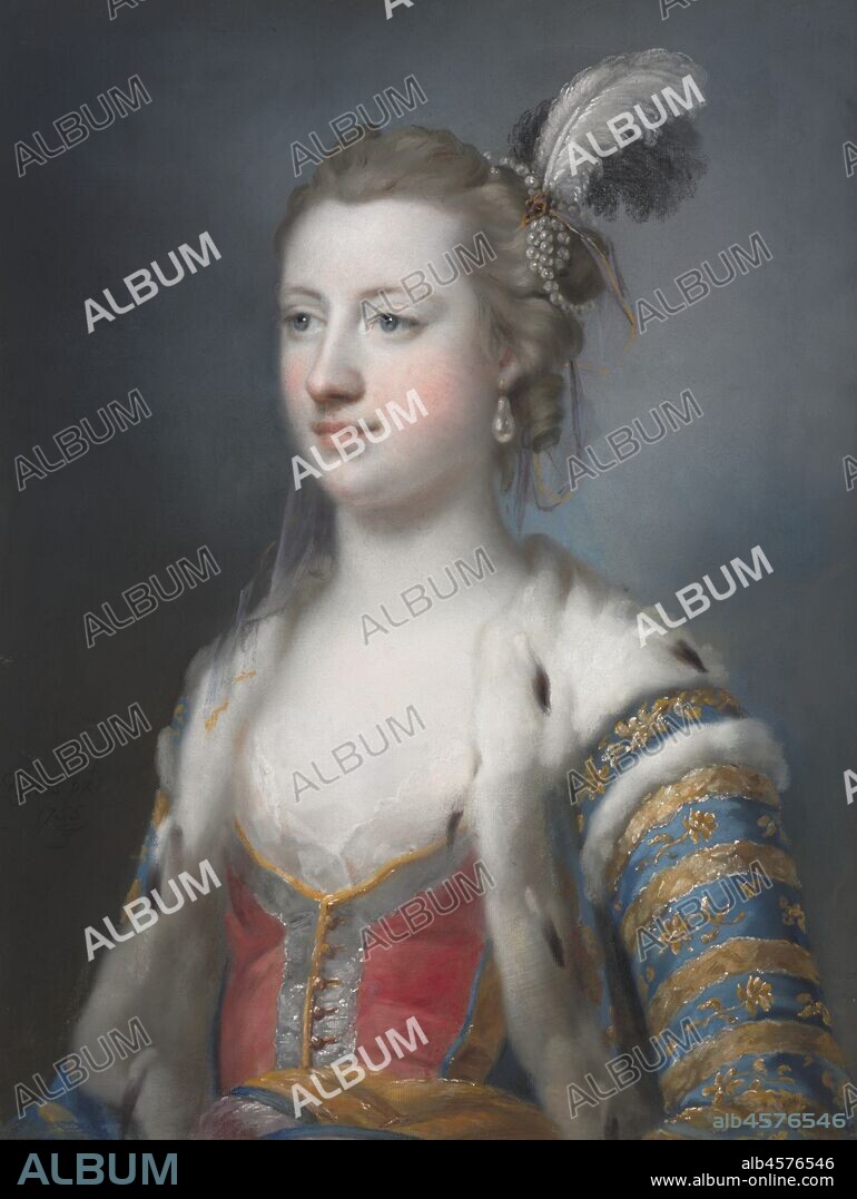 The Right Honorable Lady Mary Radcliffe (1732-1798), Wife of Francis Eyre, Esq., 1755. A founding member of the Royal Academy and one of the leading fashionable portrait painters of his generation, Cotes was a pioneer of pastel painting in England. Here, in her marriage portrait, the young Lady Mary Radcliffe is regal in a Turkish-inspired, peacock blue mantle decorated with gold and trimmed with ermine. Pearls and feathers adorn her hair and a décolleté scarlet bodice reveals an expanse of porcelain skin.
