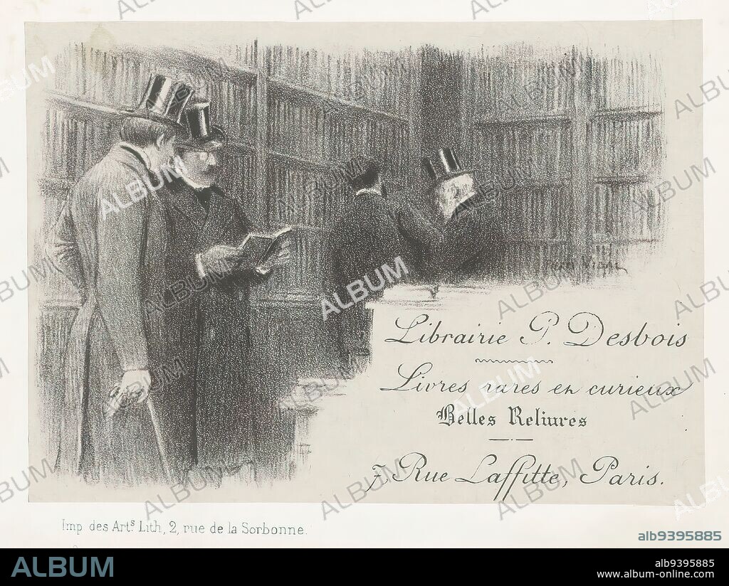 Business card for bookstore P. Desbois in Paris, Interior of a bookstore with four men., print maker: Pierre Vidal, (mentioned on object), printer: Imp. des Art. Lith., (mentioned on object), Paris, 1859 - 1929, Material, height 86 mm × width 122 mm.