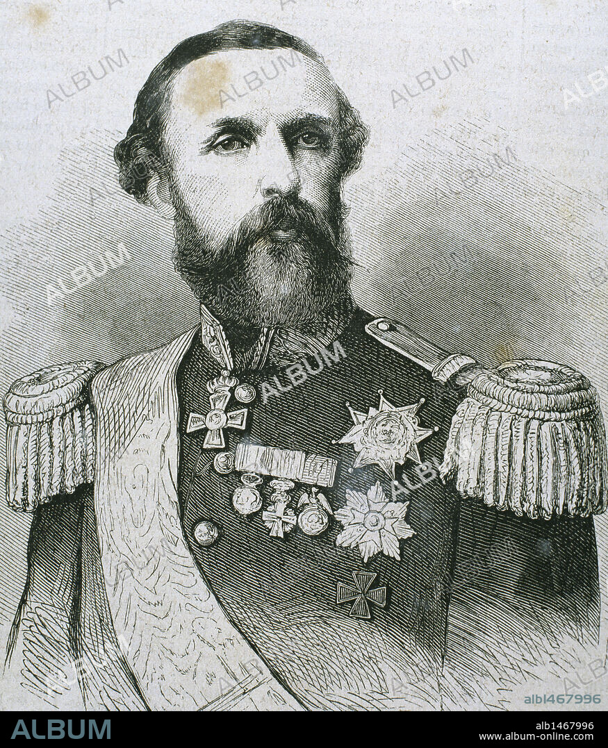 OSCAR II (Estocolmo,1829-Estocolmo,1907). Rey de Suecia (1872-1907) y de Noruega (1872-1905), hijo de Oscar I. Favoreció el desarrollo de una política germanófila y panescandinava. Grabado del siglo XIX.
