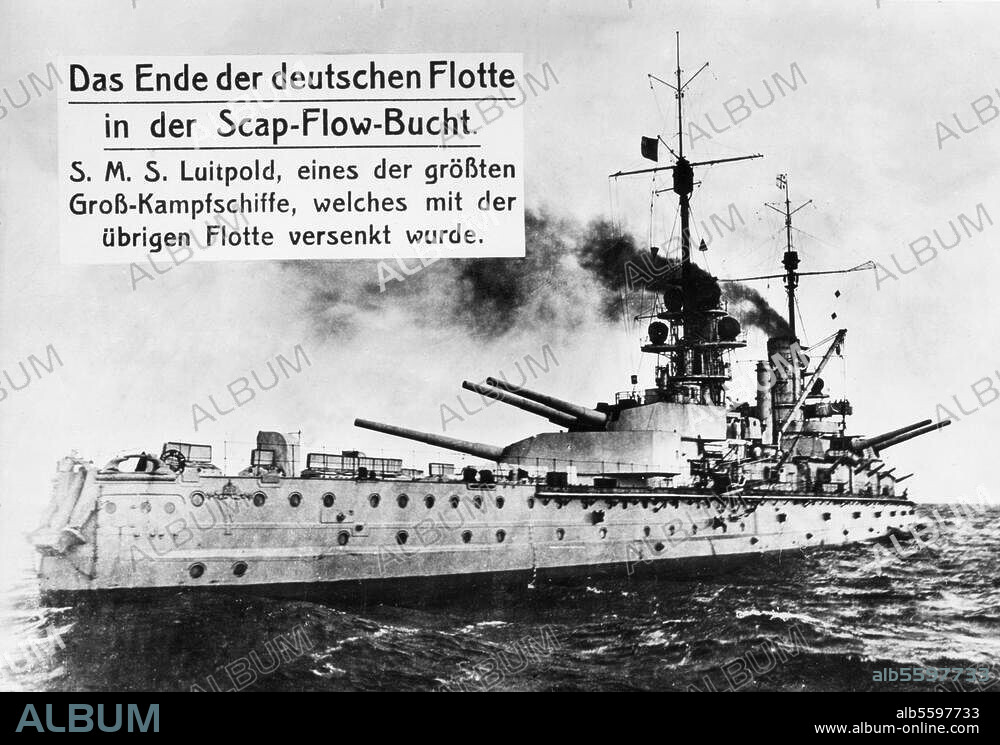Geschichte Deutschland, 21.6.1919. Selbstversenkung der internierten dt. Flotte im engl. Marinestützpunkt Scapa Flow auf den Orkney-Inseln. Die S.M.S. Luitpold vor ihrer Versenkung. Foto. Berlin, Sammlung Archiv für Kunst und Geschichte.