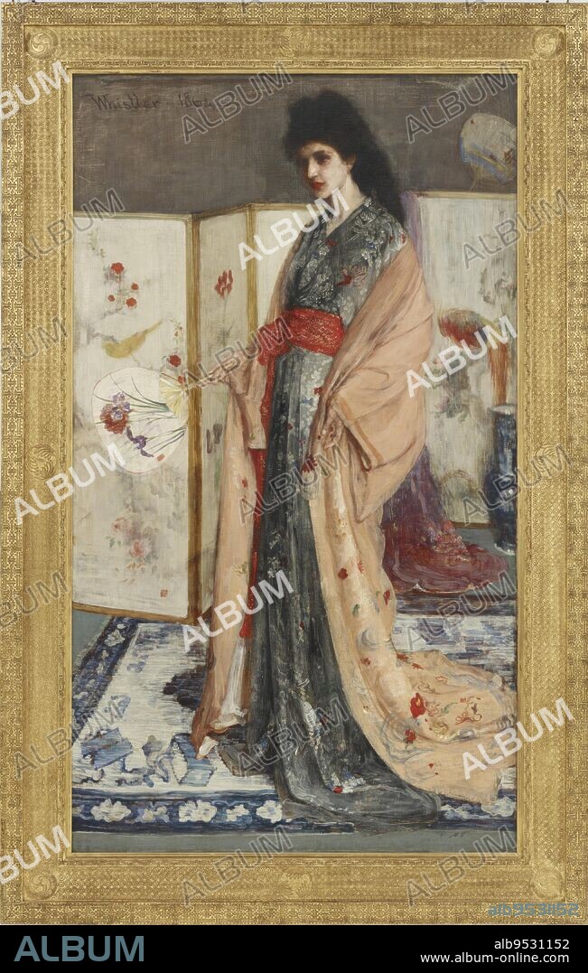 JAMES MCNEILL WHISTLER. Standing figure of a woman in a kimono, holding a fan. oil on canvas. Date: 1863-1865. Origin: United States.